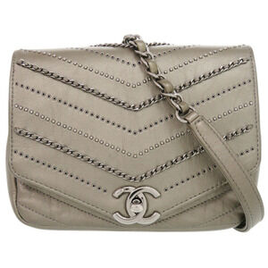 Chanel Chevron Coco Mark Leather Grey Chain Shoulder Bag (Serial Number 26-0243)